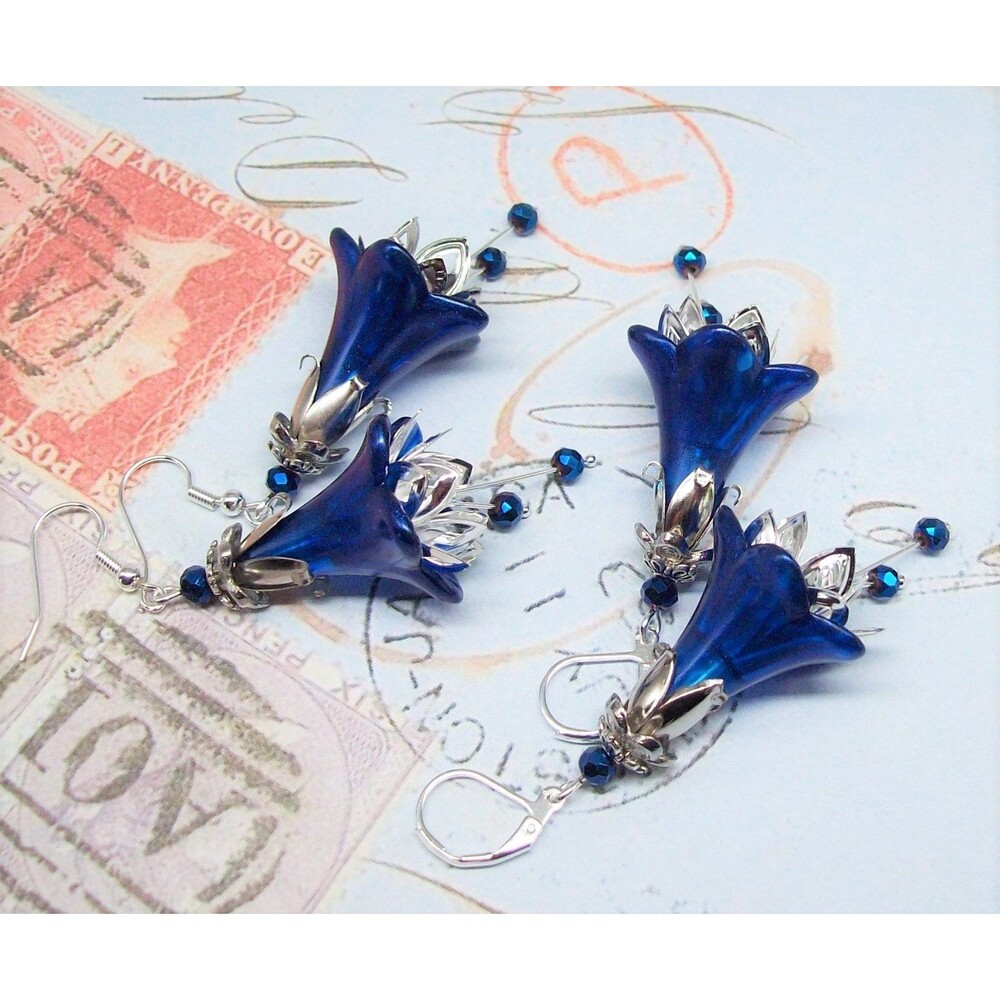 Royal Blue Flower Earrings, Vintage Style, Silver, Floral Jewelry, Hand Painted,